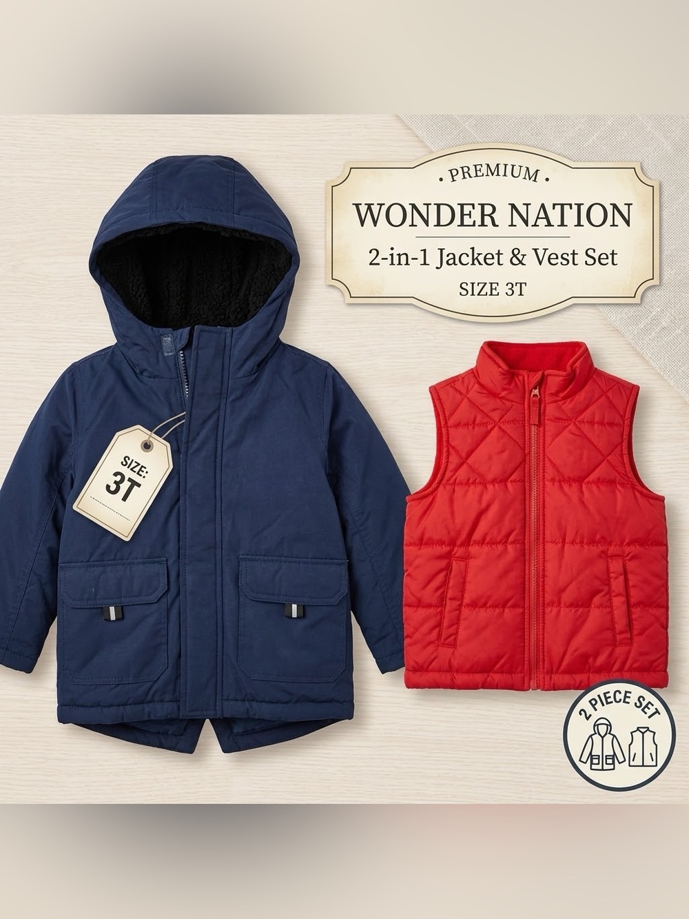Wonder Nation 3 in 1 Navy Jacket with Red Quilted zip out Vest Toddler boy SZ 3T